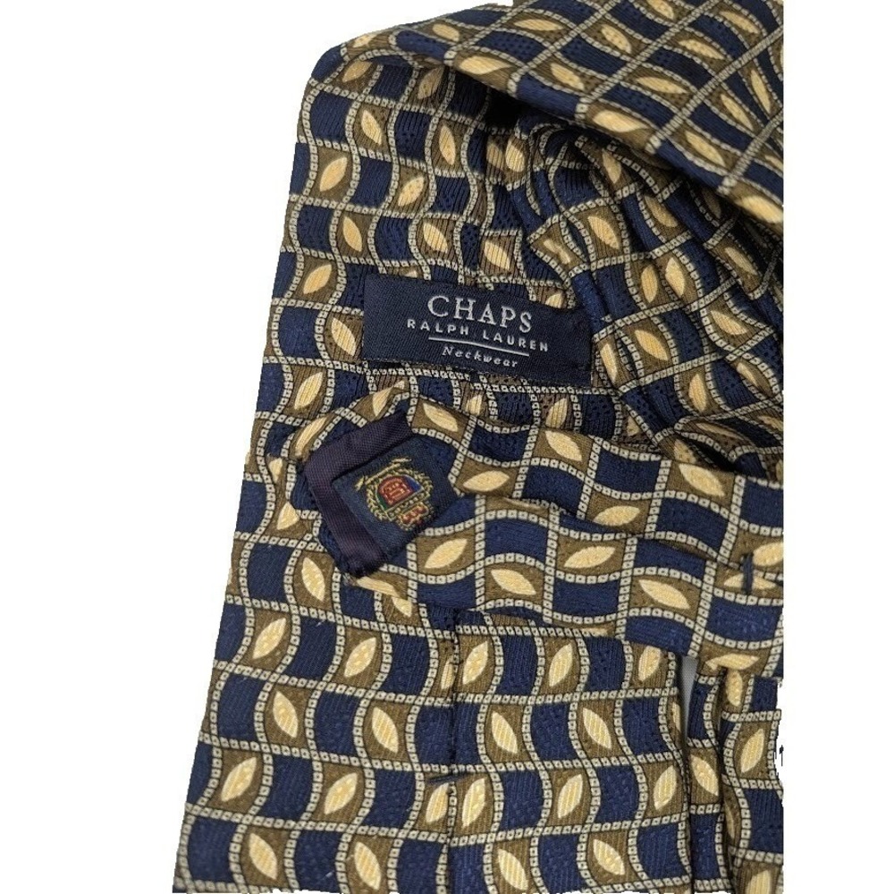 Chaps Ralph Lauren Men's Silk Necktie Navy Tan Gold Wavy Design Long - Picture 3 of 4